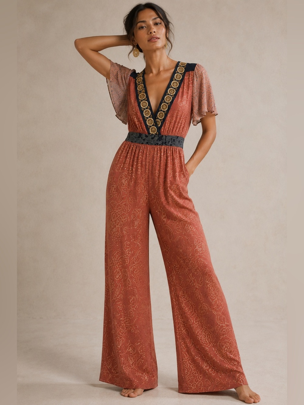 Anthropologie Akemi + Kin Metallic Floral Wide Leg Jumpsuit Size 6